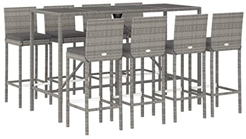 vidaXL Gartenbar Set 9-TLG., Gartenmöbel Bartisch 8 Barstühle, Stehtisch Barhocker für Garten Terrasse, Sitzgruppe Gartenset mit Kissen, Grau Poly Rattan