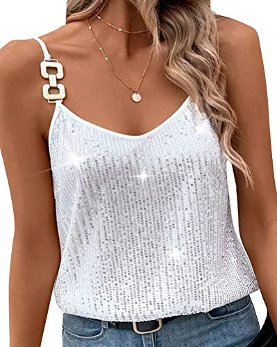 ORANDESIGNE Débardeurs Femme Brillant Métallisé Glitter Fête Strappy Gilet Casual Basique Tank Top à Paillettes Haut sans Manche Décontracté Brillante Sequins Étincelle Tops Veste C Blanc L