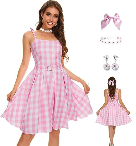 AYYOHON Women Pink Plaid Dress Skirt Hair Bow Daisy Necklace Earrings Set Halloween 2023 Cosplay Costume Suit