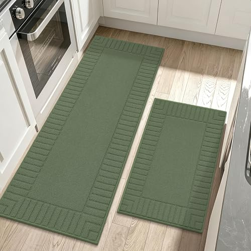 BEQHAUSE Küchen Teppiche, Waschbar, TPR rutschfest, 60x89cm+60x152cm, Grün | Küchenteppich Läufer Geeignet für Küchen, Esszimmer, Leicht zu Reinigen, Polypropylen, Haustierfreundlich, Schmutzfangend