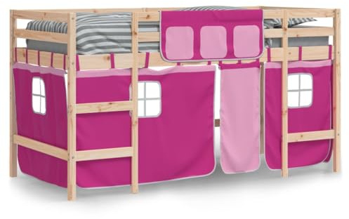 vidaXL Lit Mezzanine Enfants et Rideaux, Lit Surélevé pour Enfants avec Échelle, Meuble de Rangement Chambre, Moderne, Rose 90x190 cm Bois Pin Massif