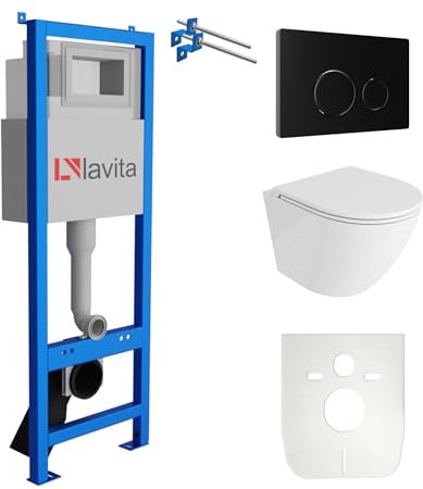 Lavita LAV 101 Élément mural pour WC 40 cm + évier mural suspendu Sofi One blanc sans bord + panneau de commande LAV 200.4.4 noir | Kit complet | Réservoir de chasse encastré | WC complet