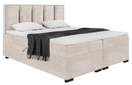 MEBLINI Boxspringbett mit Bettkasten - Gepolstert Doppelbett mit Matratze und Topper - Polsterbett mit Stauraum - Bett mit Kopfteil - Stauraumbett - Antonio Black - 200x220 - H4/Beige Samt