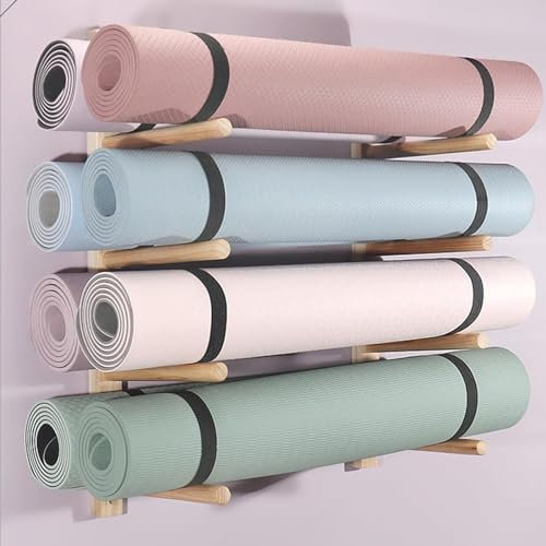 Yogamattenständer, 4-stufiger Yogamattenständer zur Aufbewahrung von 8 Matten, Yogamattenhalter aus Holz zur Wandmontage, spart Platz auf dem Boden, Organizer for Fitnessgeräte