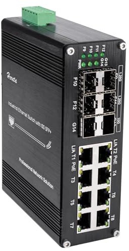 Hereta Switch Ethernet Umanaged, 14-Port Industriel Gigabit PoE Switch 4 x 1,25G SFP Ports, 2 x 10G SFP+, 8 x PoE+ Ports 1000Mbps, jusqu'à 30 W par Port, IEEE802.3af/at@240W, Plug et Play