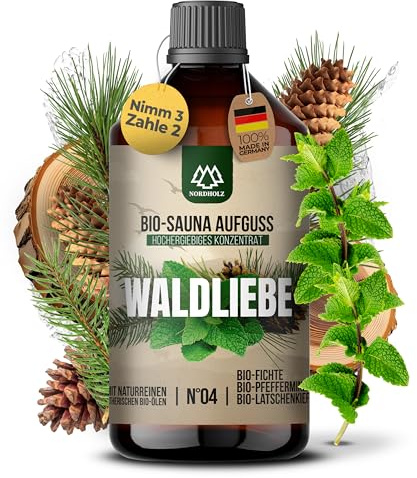 NORDHOLZ® Saunaaufguss BIO #4 Waldliebe intensiv & authentisch [100% Naturreine Bio Öle] Sauna Aufguss Konzentrat mit Latschenkiefer, Fichte & Minze - Manufaktur aus Bayern