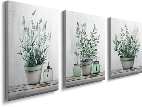 prinfantasy Framed Canvas Wall Art for Living Room Minimalist Botanical 12x16in Plant Wood Flower Green Leaf Artworks Prints Poster for Bathroom Bedroom Set of 3 YH1806