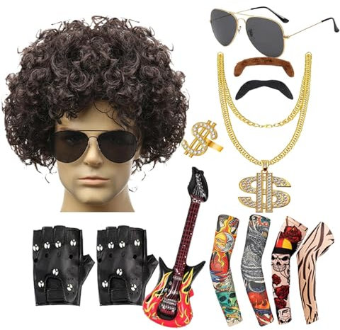 Mwqpgyh 80s Rocker Costume for Men, 80s Men's Costume | 13 Reusable Accessories, 80s Rock Costumes | Theme Party 80s Outfits, 80s Costumes for
