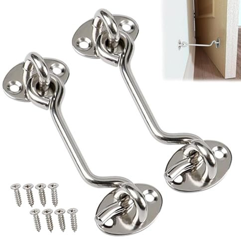 Pack of 2 Storm Hooks with Eyelet, Stainless Steel Storm Hook, Door Latch Door Lock, Stainless Steel Storm Hook, Hook Lock Stainless Steel, Cabin Hook for Balcony Door Latch (10 cm/4 Inches)