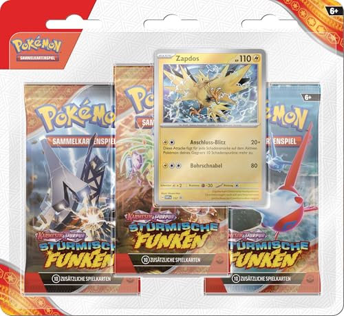 Pokémon-Sammelkartenspiel: 3er-Pack-Blister Karmesin & Purpur – Stürmische Funken: Zapdos (3 Boosterpacks & 1 holografische Promokarte)
