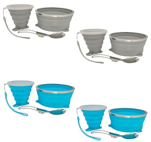 Cagelya Mess Kit for Camping Silicone Collapsible Bowl Collapsible Cup and Stainless Steel Spoon for Backpacking Outdoor Hiking Traveling and Picnic - 4 Pack