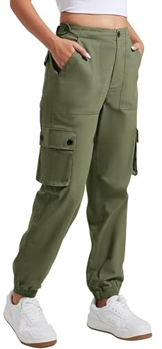 Pantalon Randonnée Femme Coton Durable Cargo Pantalons Ceinture Élastique Randonnee Travail Casual Extérieur avec 6 Poches Vert Armée L