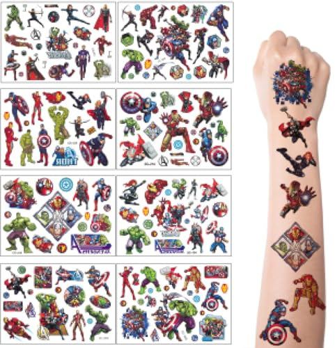 Tattoo Kinder, 8 Blätter Superheld Temporäre Tattoo Aufkleber Set für Mädchen Jungen Kindertattoos Wasserdicht für Geburtstagsgeschenke Kindergeburtstag Mitgebsel Festival Party Deko