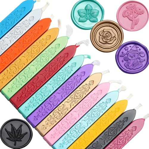 14 Pcs Assorted Colors Sealing Wax Sticks with Wicks for Letter Seal Waxstamp, Christmas Color Sealingwax Gold Red Green Wax Seal Sticks are Great for Wedding Invitations（14, Colors