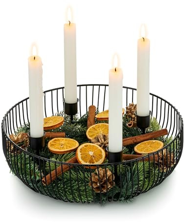 Sziqiqi Corona de Adviento Moderna de Metal para Velas: Negro Centro de Mesa de Adviento Soporte para 4 Velas - Cuenco Redondo Candeleros de Adviento para Decoración Navideña Decoración de Mesa