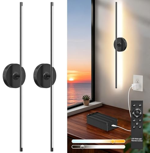 Viugreum Wall Light Indoor Battery Operated with Remote Control, 80CM USB Rechargeable LED Wall-Lamp, 350° Rotation Dimmable Touch Wireless Wall Sconces, Display Light for Living Room Bedroom, 2 Pack