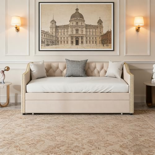 BEIJIALY Polsterbett Ausziehbares Schlafsofa 90/180x200cm, Einzelbett/Doppelbett mit Lattenrosten, Multifunktionsbett aus hautfreundlichem Samtstoff, Keine Matratze, Beige (Beige C)