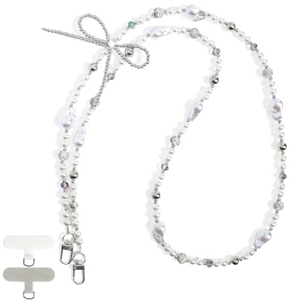 Reownest 1 Cordon de Téléphone Portable Universel avec 2 Patches, Bracelet de Téléphone en Perles avec Design Nœud, Bandoulière de Téléphone Cordon Antiperte pour Filles et Femmes – Paillettes