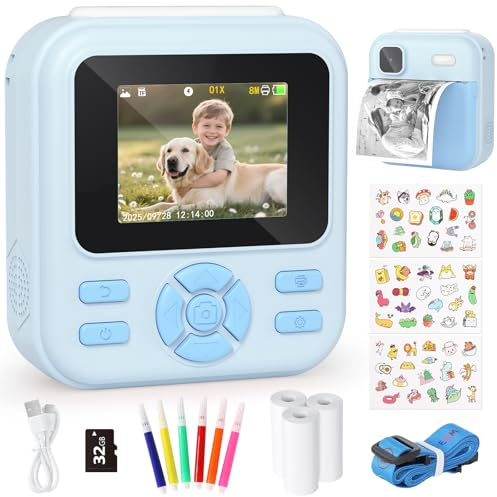 YOHOOLYO Kids Camera Instant Print, 2.4'' Digital Instant Camera for Kids with 32GB Card & 3 Rolls Paper, 1080P HD Video Digital Toys, Birthday Gifts for Boys & Girls Aged 3-12, Blue