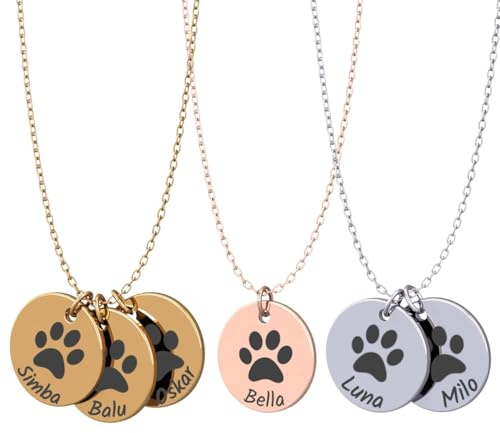Generisch Personalisierte Halskette mit Gravur | Kette mit Haustiernamen | Geschenk | Kette mit Hundenamen und Katzennamen | Pfote | Gold, Silber, Roségold | Edelstahl Wasserfest | Made in Germany