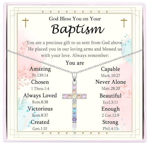 VOSAP Christening Gifts for Girls, Colored Cubic Zirconia Cross Necklace Baptism Gifts for Girls Daughter Niece Sister Granddaughter.