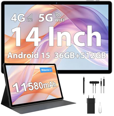 RUSHAR Tablet 14 Pollici Android 15 con 36GB RAM+512GB ROM (1TB TF),4G LTE/SIM+5G WiFi,11580mAh|2240 * 1400|Octa-Core|13MP+8MP|Face ID|Widevine L1|BT 5.0,Tablet con Fondina, Silver