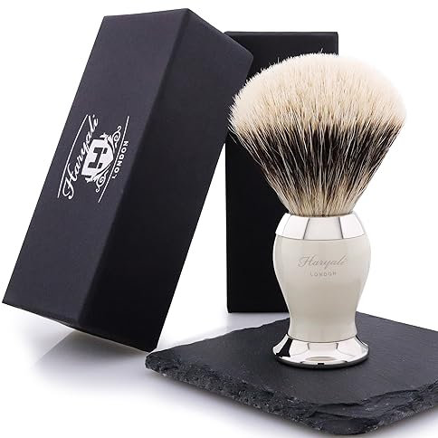 Haryali London Cepillo de afeitar sintético de tejón Silvertip | Brocha de afeitar para hombre con mango hecho de resina preciosa marfil con base recubierta de latón | Herramienta de afeitado para