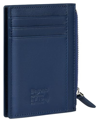 flintronic Cartera Tarjeta de Crédito, Slim Billetera Hombre de Piel Auténtica, Mini Monedero con Cremallera para ID, Tarjetas Crédito, Licencia de Conducir (Azul)