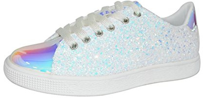 Lucky Step Glittersneakers med snörning | fashionabla sneakers | glittrande skor för kvinnor, Vitt hologram, 38 EU