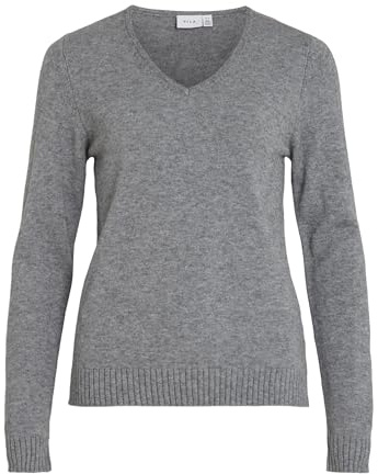 Vila stickad tröja för kvinnor V-ringning, Medium grå melerad, XL