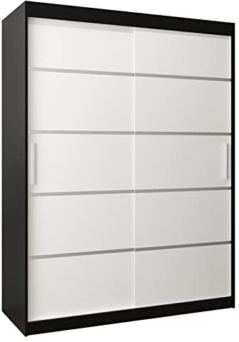 MEBLE KRYSPOL Schwebetürenschrank Verona 1 150 cm Kleiderschrank mit Kleiderstange und Einlegeboden Schlafzimmer- Wohnzimmerschrank Schiebetüren Modern Design (Schubladen: 0, Schwarz + Weiß)