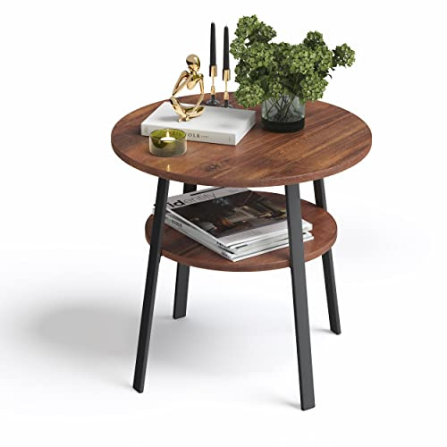 stardis Beistelltisch rund stabiles Metallgestell/Holz Ø52xH 54 cm, 2 Ablagen Nachttisch Couchtisch für Wohnzimmer Schlafzimmer, Walnuss-Optik