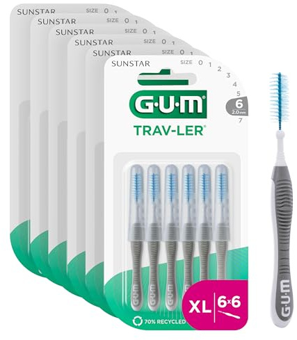 GUM TRAV-LER brossettes interdentaires | nettoyage en profondeur entre les dents | manche pliable | élimination de la plaque dentaire | 2.0mm, ISO 6 | Taille XL | Lot de 6x6