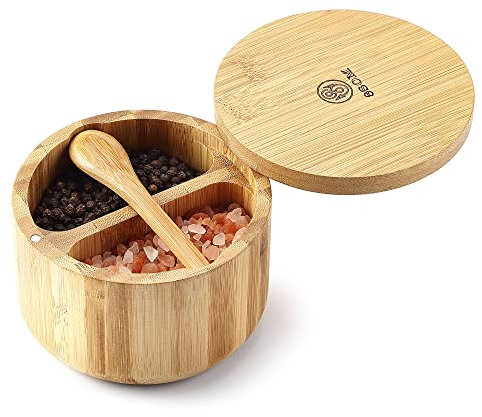 8SOM bambu salt och pepparlåda med svängbart lock och inbäddad sked, magnetiskt stängningslock för att hålla dammet ute, förvaring peppar krydda ört havssalt, dubbel 142 ml kapacitet