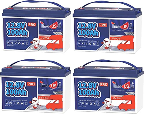 Timeusb 12V 100Ah Lithium Batterie,1280Wh LiFePO4 Batterie mit 100A BMS,Perfekter Ersatz für Blei-Säure-Batterien AGM SLA GEL,15000 Zyklus LiFePO4 Akku für Wohnmobil,Boot,Solaranlage,Camping(4 Stück)
