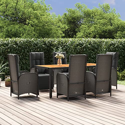 Yolola sitzgruppe Garten Rattan Essgruppe 6 Personen Balkon sitzgruppe gartengarnitur Rattan Gartenmöbel Set mit 6 gartenstuhl hochlehner verstellbar-Schwarz
