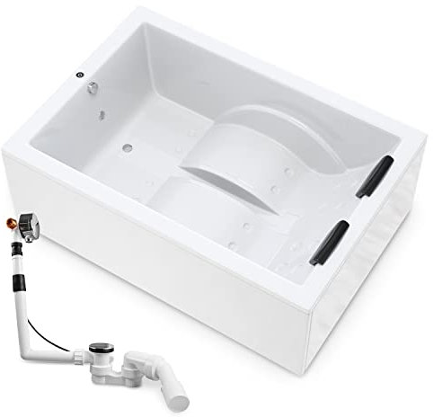 AQUADE Acryl Badewanne 180x130 cm Modell: Marburg Hergеstellt in Dеutschland - Weiß Badewannen Komplettset mit Wannenfüßen + Schürze + Ab-Überlaufgarnitur mit Zulauf + LED + Nackenkissen