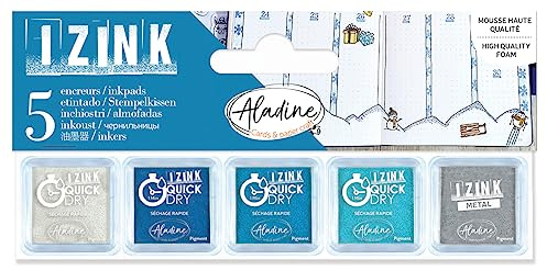 Aladine - Set mit 5 Stempelkissen in mattierten Farben – Blau, Weiß, Silber – zum Personalisieren von Einladungen, Geschenken, Menüs, Etiketten, Bullet Journal – Izink – Weihnachten Winter – 03930