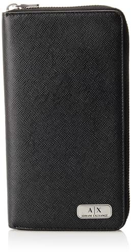 Armani Exchange Men's Essential, Saffiano, Zip Around Bi-Fold Wallet, Black