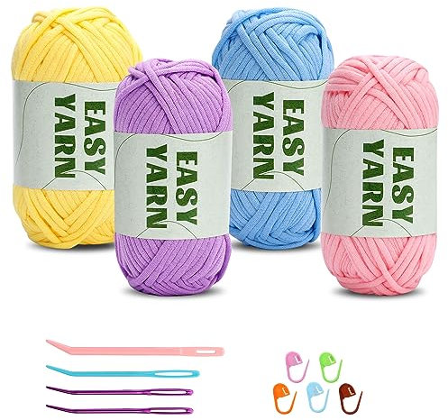 4 X 50g Wolle zum Häkeln Schlauchgarn zum Häkeln Chenille Dicke Plüschwollefür Anfänger gut Sichtbare Maschen, Baumwolle Zum Dickes Häkelgarn Garn Baumwoll-Nylon(Rosa + Lila + Blau + Gelb)