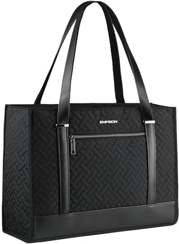EMPSIGN Laptop Tote for Women 16 Inch, Stylish Computer Shoulder Tote for Work, Large Capacity Quilted Laptop Briefcase, Waterproof Women Business Office Bag, Quilted Black