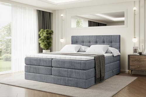 ALTDECOR Boxspringbett mit Matratze und Lattenrost, Topper, Polsterbett mit Bettkasten, Bett mit Stauraum H3- und H4- Matratze, Doppelbett, Springboxbett BERO King 200x200 - Grau Samt