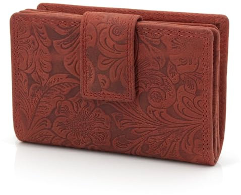 ekavale Damen Geldbörse aus Leder mit RFID-Schutz, Geldbeutel für Moderne Frauen Blüten Muster (Rot)