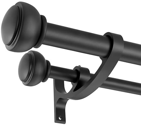 Matte Black Double Curtain Rods, 72 to 144 Inch, Decorative with Cap Finials, 1-Inch Front, 5/8 Inch Back, Adjustable Dual Rods