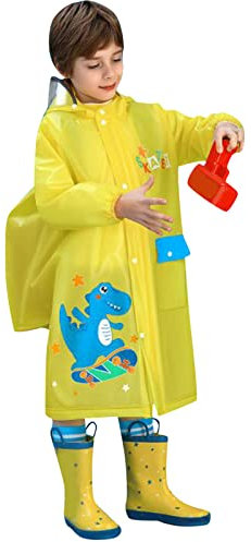 FGUUTYM Regenmantel für Kinder, Junge, Cartoon-Dinosaurier-Muster, Eva-Poncho mit Hut, Tasche, Ort, Modeknopf Fahrradponcho Kinder (Yellow, 5-6 Years)