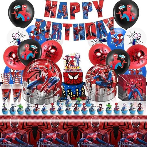 Stoviglie per Compleanno Spider 103 Pcs,Bambini Festa di Compleanno,Feste Stoviglie,Spider Kit Compleanno Decorazioni,Palloncini,Tovaglie,Piatti,Tazze,Tovaglioli,per Bambini Feste Decorazioni