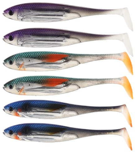 OriGlam 6 señuelos de plástico suave para pesca, cola en T, cebo artificial de cola de pala, señuelos de pececillo para lubina, lucio, trucha, perca, accesorio de pesca para agua salada y agua dulce