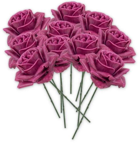 Kunstrosen-Blüten mit Stiel als künstliche Deko-Rosen aus Wachs - 10 rosa pink Rosenblüten wie echt für Blumengestecke Blumen-Dekoration - Wachsrosen als Kunstrosen Friedhof Grabschmuck