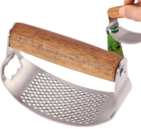 Amesor 2 Garlic Crusher Stainless Steel, Garlic Press, Bottle Opener, Effortless Crushing, Wooden Handle, Easy to Clean