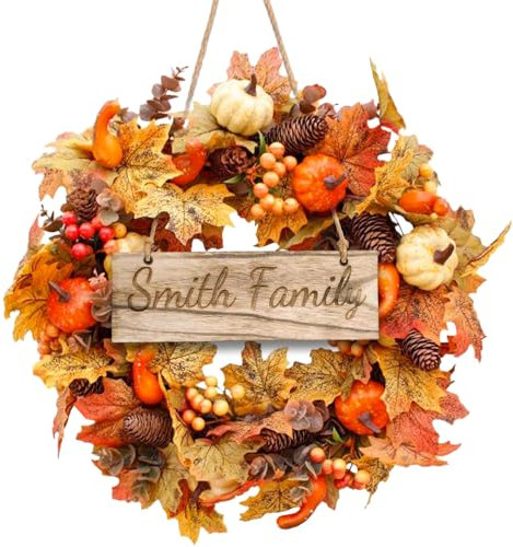 Personalized Door Wreath, Autumn Wreaths, 50cm/20inch Front Door Decoration, Fall Decorations for Home, Natural Grapevine Autumn Maples Leaf Pumpkin Pine Cone Berry Wreath, Welcome Sign for Front Door